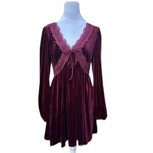 Cider Maroon Velvet Lace Valentines Whimsy Goth Witchy Mini Dress Sz L NWT